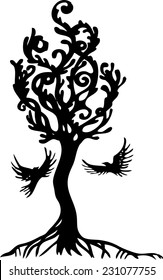 tree silhouette, gothic tree, tree and bird, ebony
