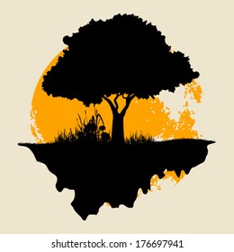 Tree Silhouette with Grass and  Moon