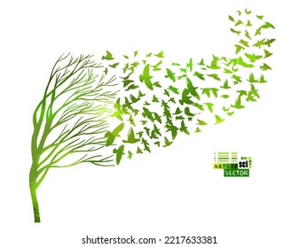 Tree silhouette with green birds flying. A flock of birds fly south in autumn. Vector illustration