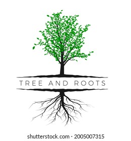Silhouette de árbol con hojas verdes y raíz aislada sobre fondo blanco. Ecología y concepto de naturaleza. Ilustración del vector