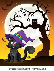 Tree silhouette and Halloween cat - eps10 vector illustration.