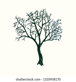 Tree silhouette, hand drawn doodle, sketch in pop art style, black and white vector illustration