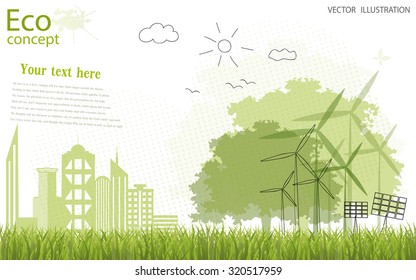 Tree silhouette, home, city, mill on the green grass. Ecologically clean world. Vector illustration of ecology the concept of information graphics. Doodle