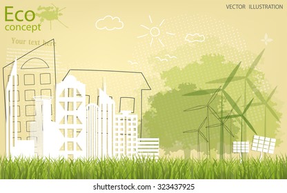 Tree silhouette, home, city, mill on the green grass. Ecologically clean world. Vector illustration of ecology the concept of information graphics. Doodle