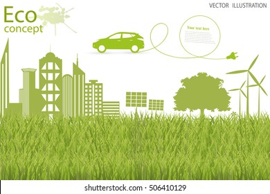 Tree silhouette, home, city, mill on the green grass. Electric car. Ecologically clean world. Vector illustration of ecology the concept of information graphics. 