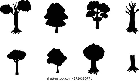 Tree silhouette icon collection, forest and pine tree vector set, nature foliage design ,simple black isolated tree shapes, Tree silhouette icon collection, 