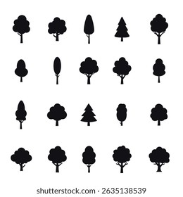 Tree Silhouette Icon Set – Flat Black Tree Shapes Collection