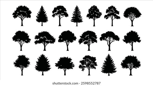 Tree Silhouette Icon Set - Vector Black Silhouettes of Trees for Graphic Design