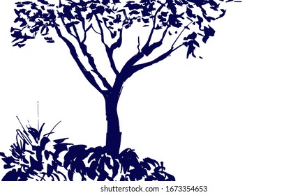 Tree silhouette isolated on white background. Sumi-e, u-sin, gohua painting style. Stylized Inked drawing. Hand drawn vector illustration. 