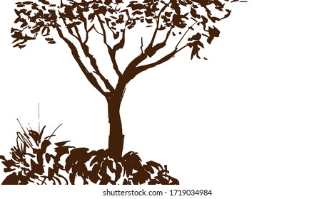 Tree silhouette isolated on white background. Sumi-e, u-sin, gohua painting style. Stylized Inked drawing. Hand drawn vector illustration. 
