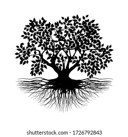 Baumsilhouette und isolierte Wurzeln auf weißem Hintergrund, Vektor-Illustration