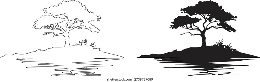 Tree silhouette landscape icon with outline and solid styles by water reflection. Minimal nature scene symbol for ecology, scenery, or outdoor branding design. Elegant lone tree illustration isolated.