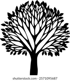 Tree silhouette with leaves and branches, vector. Black flat color, isolated. Tree logo.