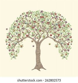 tree silhouette with leaves and flowers