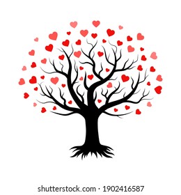 Tree silhouette with leaves - hearts, romantic decoration for Valentine's Day. Symbol of love, relationships and romance for the holiday on February 14. Isolated. Vector illustration