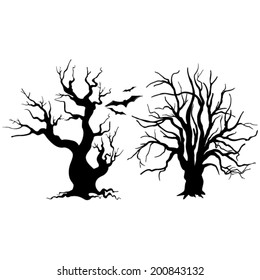 Tree silhouette with leaves on white background.