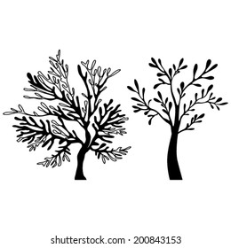 Tree silhouette with leaves on white background.