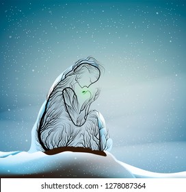 tree silhouette like a woman holding  green sprout, first spring sprout in cold winter weather, tree alive idea, vector