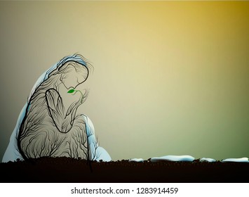 tree silhouette like a woman holding first green sprout, first spring sprout, tree alive idea, vector