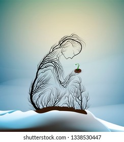 tree silhouette like a woman holding  first snowdrop, spring concept
first spring sprout in cold winter weather, tree alive idea, vector