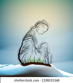 tree silhouette like a woman holding  the grass, spring concept
first spring sprout in cold winter weather, tree alive idea, vector