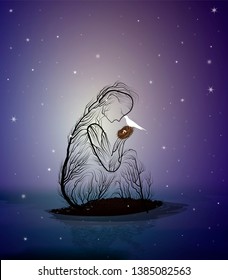tree silhouette like a woman holding nest with white bird at night,  fight fairy concept, vector