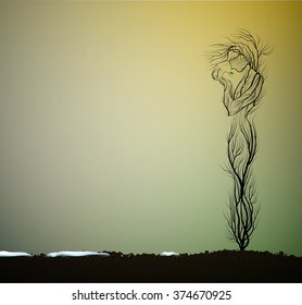 tree silhouette like a woman holding first green sprout, first spring sprout, tree alive idea, vector