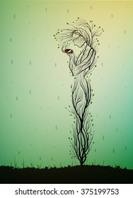 tree silhouette like a woman holding nest with white bird and hiding it from the rain, spring tree soul, tree alive idea, vector