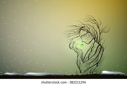 tree silhouette like a woman holding first green sprout with soft, take care of sprout art concept, first spring sprout, vector