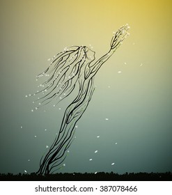 tree silhouette like a woman with long hair stretching her hand to the sun, blossom tree looks like a woman, tree character, plant alive, tree alive idea, vector