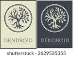 Tree Silhouette Logo. Emblem Featuring an Intertwined Branches with Both Bare and Leafy, Symbolizing Life and Decay