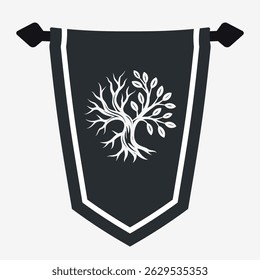 Tree Silhouette Logo. Emblem Featuring an Intertwined Branches with Both Bare and Leafy, Symbolizing Life and Decay