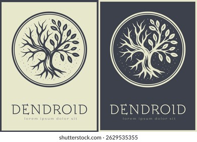 Tree Silhouette Logo. Emblem Featuring an Intertwined Branches with Both Bare and Leafy, Symbolizing Life and Decay