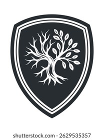 Tree Silhouette Logo. Emblem Featuring an Intertwined Branches with Both Bare and Leafy, Symbolizing Life and Decay