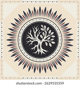 Tree Silhouette Logo. Emblem Featuring an Intertwined Branches with Both Bare and Leafy, Symbolizing Life and Decay