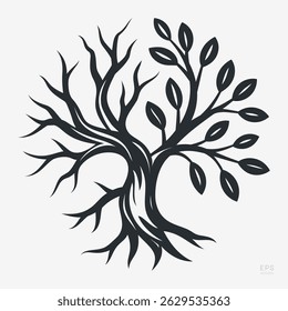 Tree Silhouette Logo. Emblem Featuring an Intertwined Branches with Both Bare and Leafy, Symbolizing Life and Decay