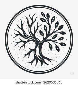 Tree Silhouette Logo. Emblem Featuring an Intertwined Branches with Both Bare and Leafy, Symbolizing Life and Decay