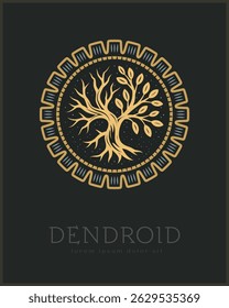 Tree Silhouette Logo. Emblem Featuring an Intertwined Branches with Both Bare and Leafy, Symbolizing Life and Decay