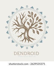 Tree Silhouette Logo. Emblem Featuring an Intertwined Branches with Both Bare and Leafy, Symbolizing Life and Decay