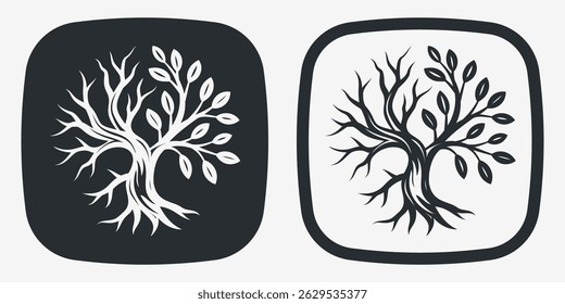 Tree Silhouette Logo. Emblem Featuring an Intertwined Branches with Both Bare and Leafy, Symbolizing Life and Decay
