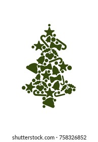 Tree silhouette made up of symbolic icons, stars and balls, mistletoe and bells with ribbons, hat of Santa Claus, image isolated on vector illustration