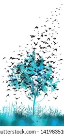 Tree silhouette with many flying birds.
Vector illustration