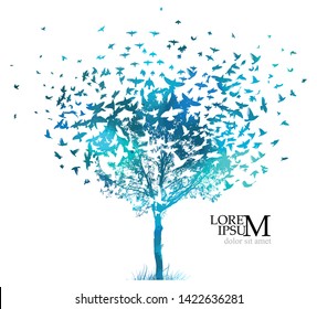 Tree silhouette with many flying birds. Vector illustration