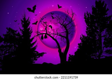 Tree silhouette in middle of the forest. Full moon, bats on crooked branches, creepy tree. Halloween background. Vector illustration