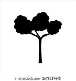 Baum-Silhouette im minimalistischen Flachstil. Schwarze, einzelne Baumsymbole auf weißem Hintergrund für Ökodesign, Dekor, Banner, Logo oder Druck.