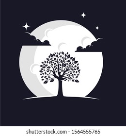 Tree Silhouette with Moon Background Logo Template