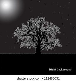 Tree silhouette in a moonlight against the night sky. Vector. eps 8