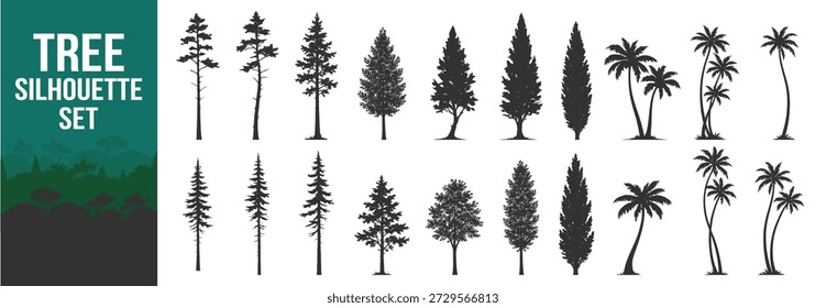 Silhueta de árvore natureza vetor florestal ilustração com folhagem planta vegetação paisagem arbusto tronco coroa terra selvagem habitat realismo botânico texturas sereno exuberante evergreen sazonal terreno ambiente cênico vida em fundo transparente
