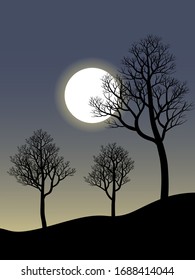 Tree silhouette night illustration with full moon