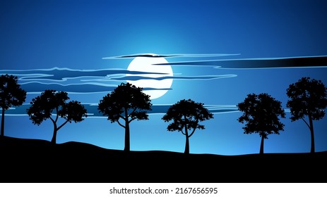 Tree silhouette night landscape background with moonlight